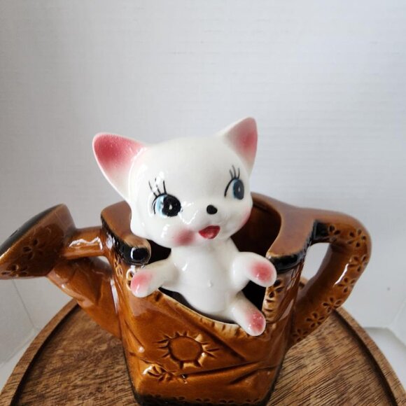Made In Japan Ceramic Kitten In Watering Can-5 1/2” tall 7” wide - Picture 2 of 6